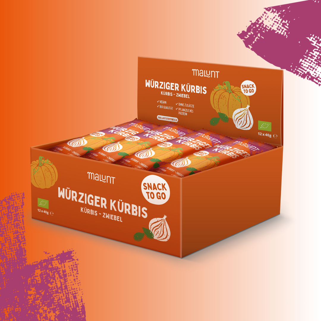 12x Würziger Bio-Kürbis-Zwiebel Riegel, vegan