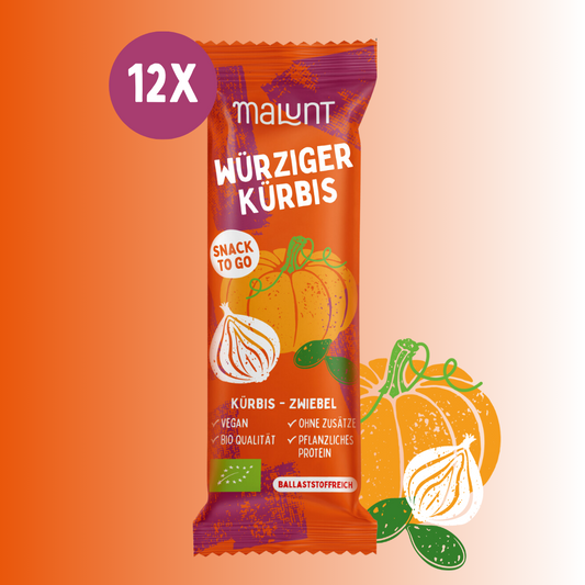 12x Würziger Bio-Kürbis-Zwiebel Riegel, vegan